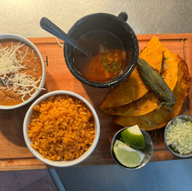 2 Quesabirrias Rice & Beans and Caldo.